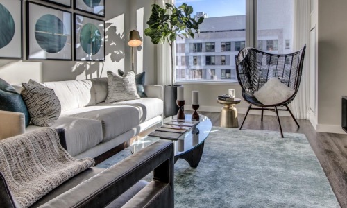 a living room with a large window