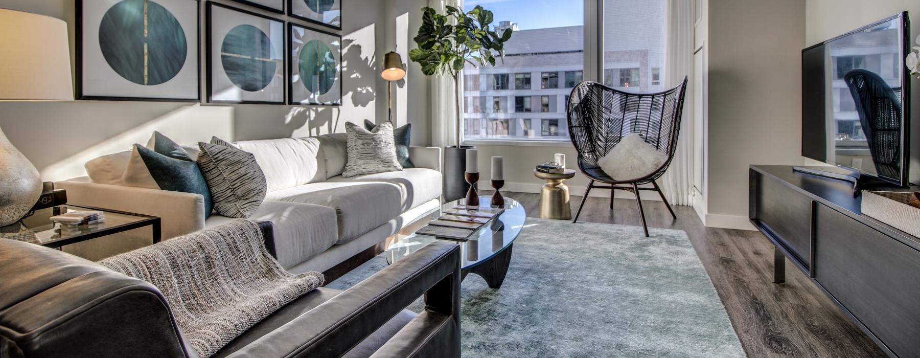 a living room with a large window