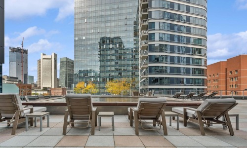 lounge chairs around a reflecting pool